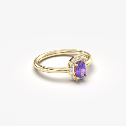 Custom Order - Samuel - 14K Solid Gold Amethsyt Halo Oval and Diamond Ring