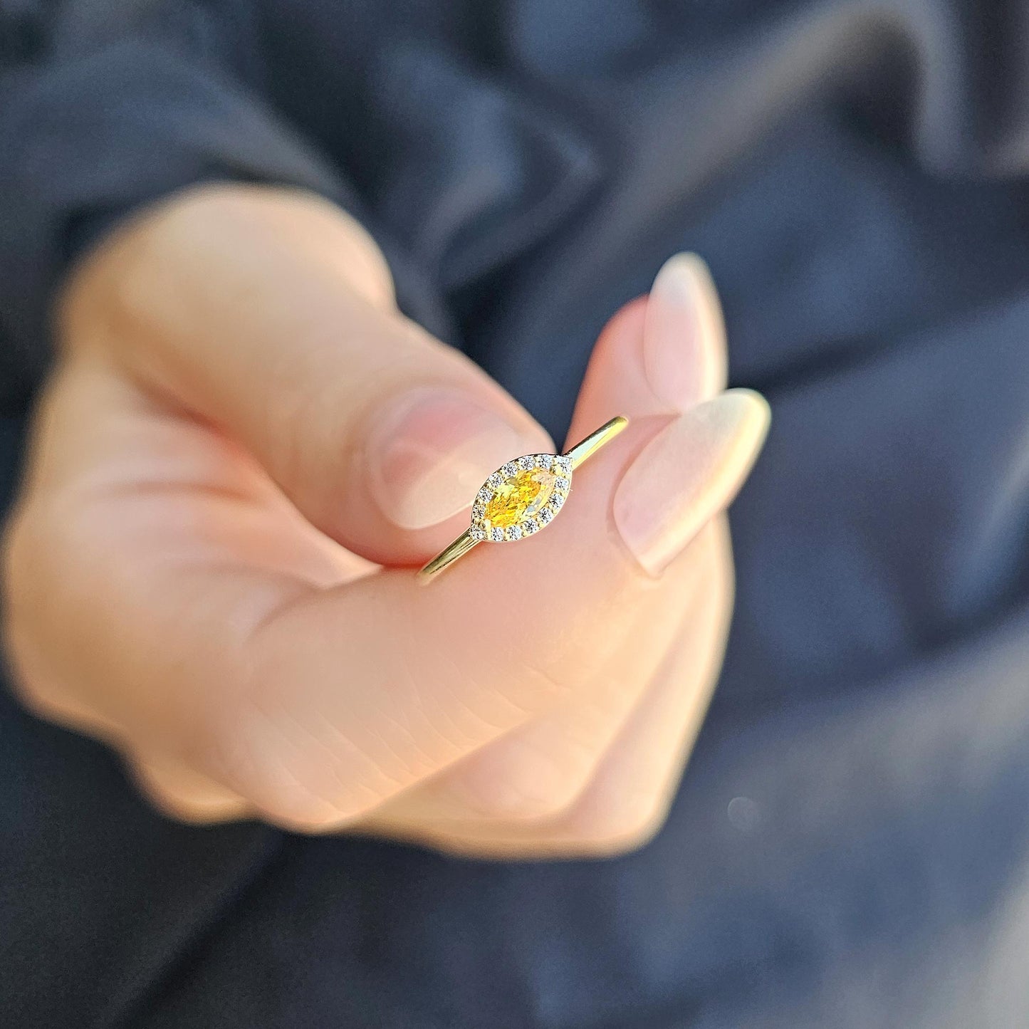 14K Gold Dainty Marquise Citrine and Diamond Ring - 8S100CIT